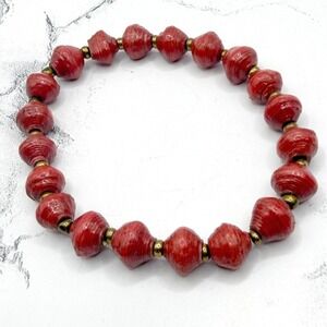 Coral Beaded Stretch Bracelet Gold Spacers 7.75" 9mm Beads